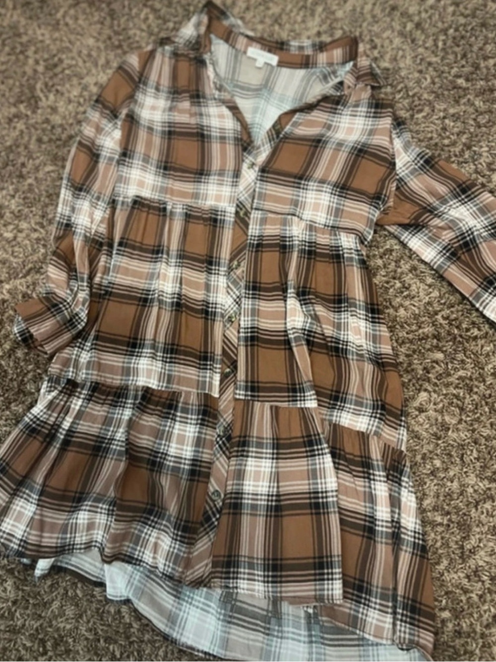 Plaid Button-Front Tunic Dress in Brown and White